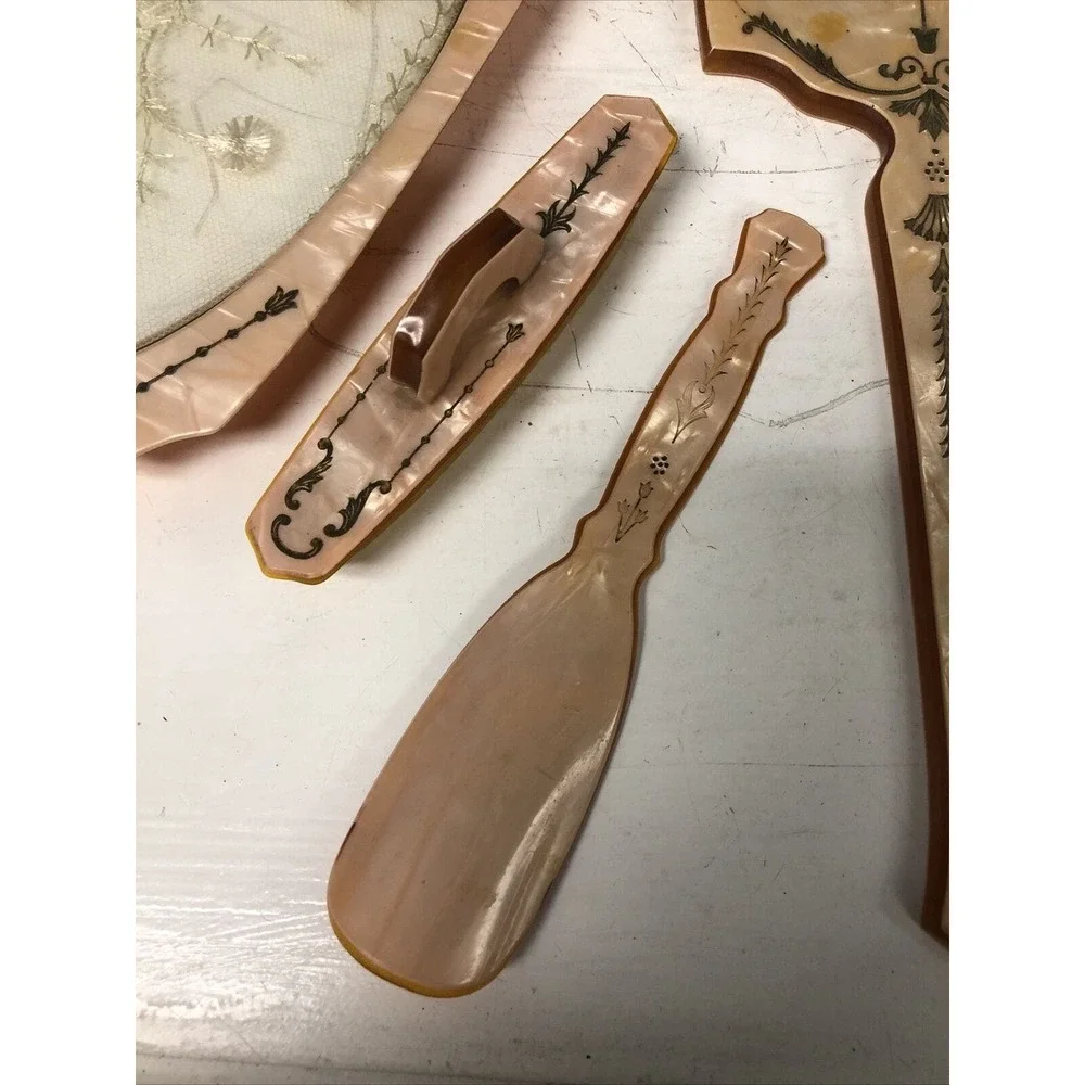 Vtg 4pc Vanity Set Beveled Pearlized Embossed Amber Dresser Tray Mirror Shoehorn